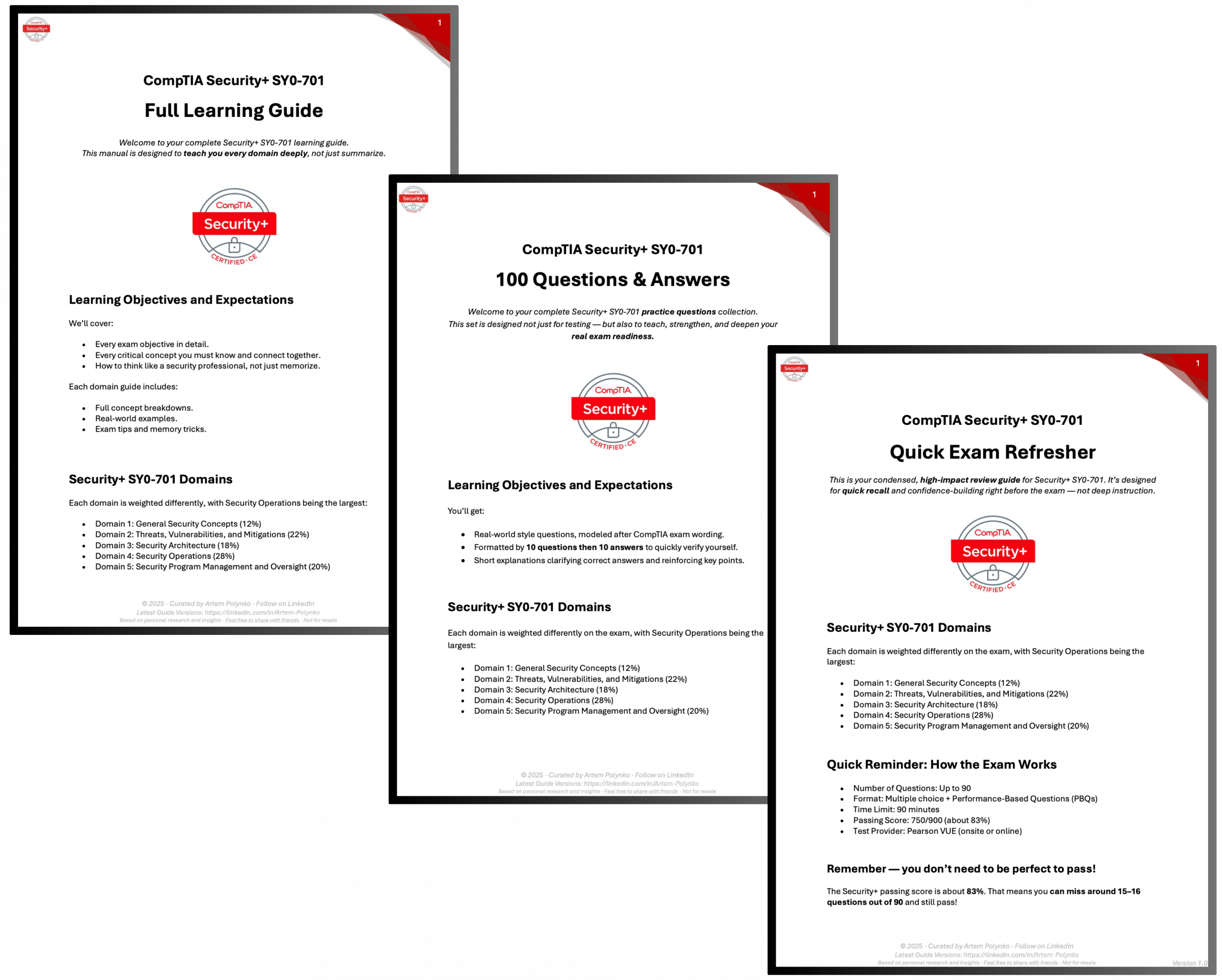 CompTIA Security+ guide preview – includes full study manual, quick refresher, and 100-question exam set Preview of CompTIA Security+ certification guide, refresher sheet, and 100 practice questions bundle available for free download.