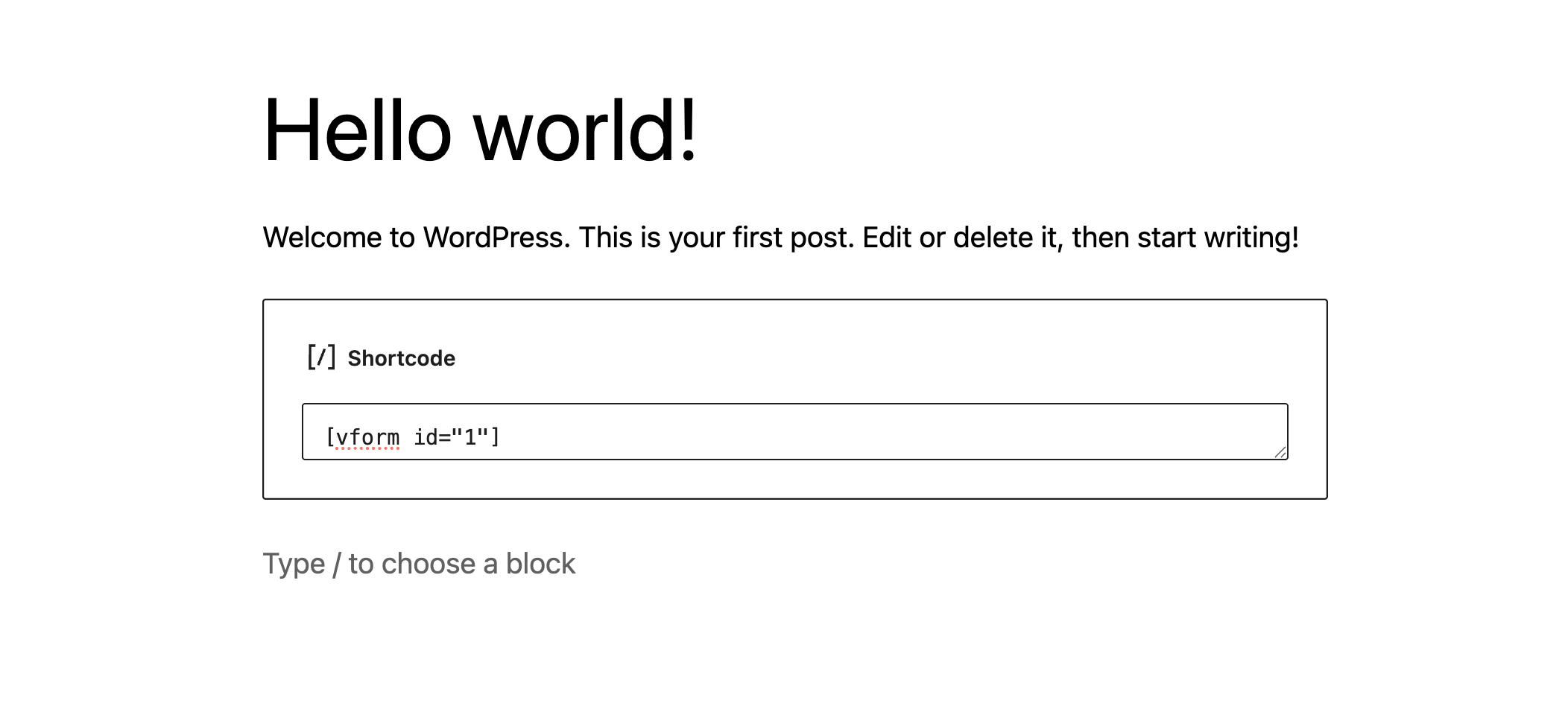 Shortcode block with [vform id="1"] inserted into a WordPress page during bug bounty setup