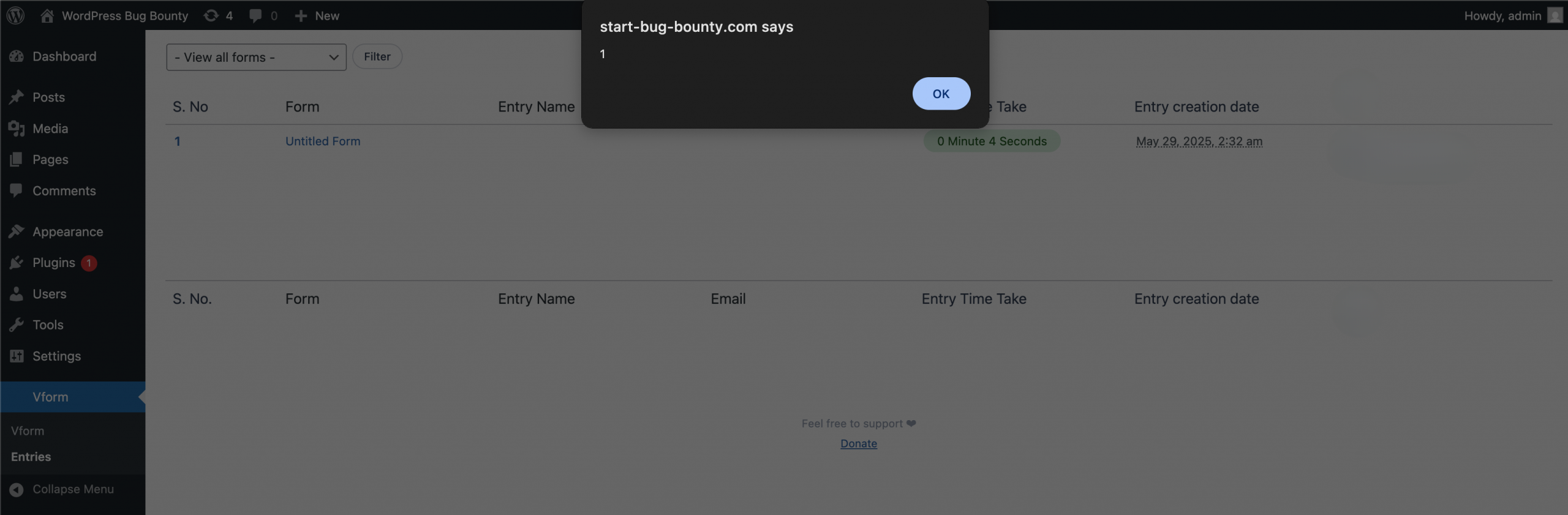 Stored XSS alert triggered in WordPress admin dashboard using vulnerable plugin entry