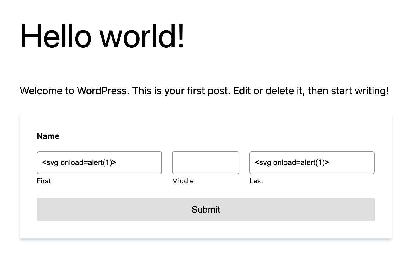 XSS payload entered into VForm field on a WordPress page
