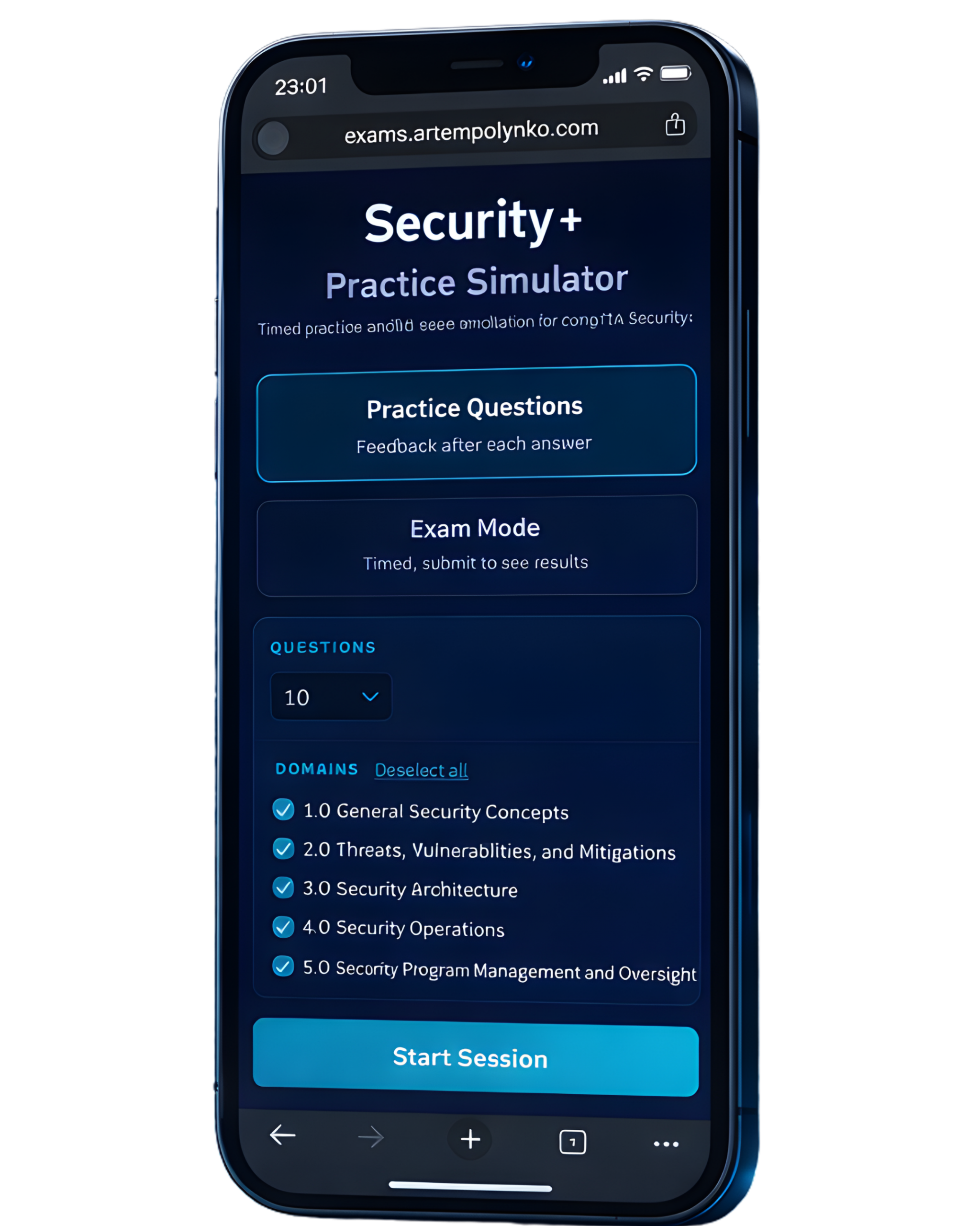 Mobile preview of the free Security+ SY0-701 practice exam simulator showing practice mode, exam mode, domain selection, and start session button.