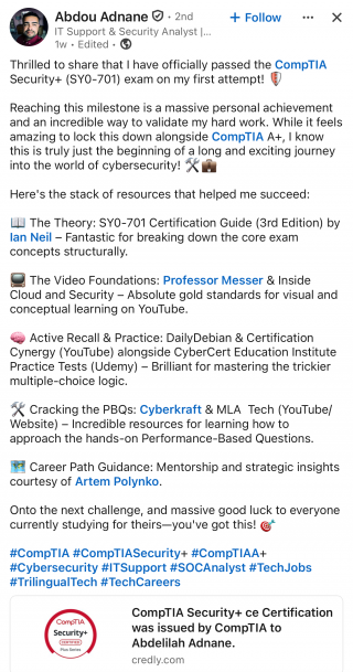 Found a clear cybersecurity career path through mentorship Security+ testimonial from Abdou Adnane on passing the certification