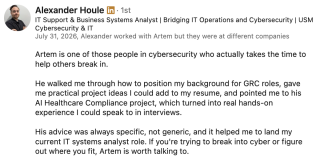 Cybersecurity testimonial from Alexander Houle on GRC research experience and landing a role