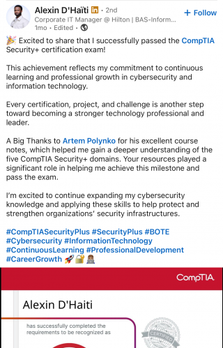 Passed Security+ using the course notes Security+ testimonial from Alexin D'Haiti on passing using course notes