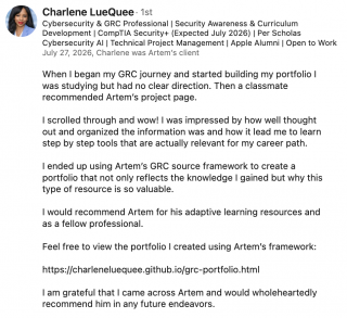 Built a stronger GRC portfolio with practical guidance GRC career testimonial from Charlene LueQuee on building her portfolio