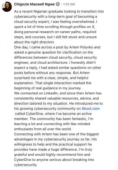 Cybersecurity testimonial from Chigozie Ngwe on gaining career direction