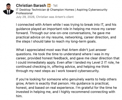Cybersecurity testimonial from Christian Barash on landing an IT role