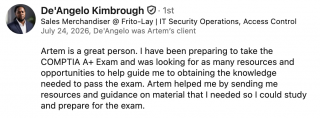 Received study guidance and resources for the A+ certification A+ certification testimonial from De'Angelo Kimbrough on study guidance