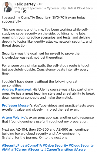 Passed Security+ using the exam prep app Security+ testimonial from Felix Dartey on using the exam prep app