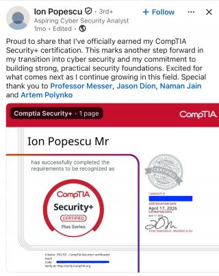 Passed Security+ with the help of the study resources Security+ testimonial from Ion Popescu on passing with study resources