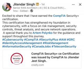 Passed Security+ with guidance and support Security+ testimonial from Jitendar Singh on passing with guidance and support