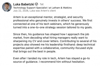 Landed a tech role after personalized career guidance Cybersecurity testimonial from Luka Babetzki on landing a tech role after mentorship