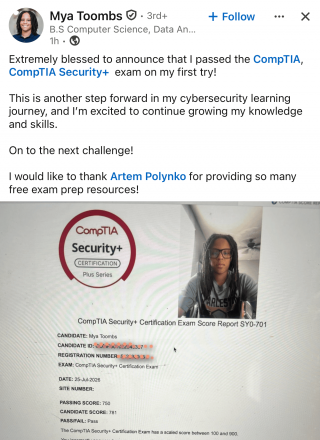 Passed Security+ on the first try using free resources Security+ testimonial from Mya Toombs on passing with free resources