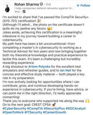 Passed Security+ using the exam simulator and refresher guides Security+ testimonial from Rohan Sharma on passing using the exam simulator