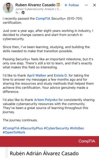 Passed Security+ with free study resources Security+ testimonial from Ruben Alvarez on passing with free study resources