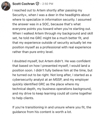 Chose the right cybersecurity specialization and landed a GRC analyst role Cybersecurity testimonial from Scott Cochran on choosing a GRC specialization