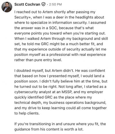 Cybersecurity testimonial from Scott Cochran on choosing a GRC specialization