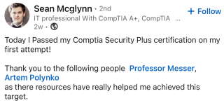 Passed Security+ on the first attempt Security+ testimonial from Sean Mcglynn on passing on the first attempt