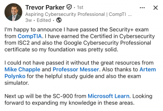 Passed Security+, credited the study guide and exam simulator Security+ testimonial from Trevor Parker crediting the study guide and exam simulator